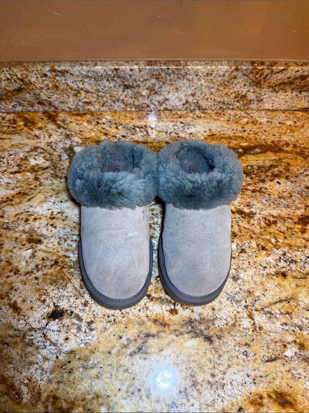 UGG Women's Light Gray Suede Slipper Clogs with Slate Shearling Cuff